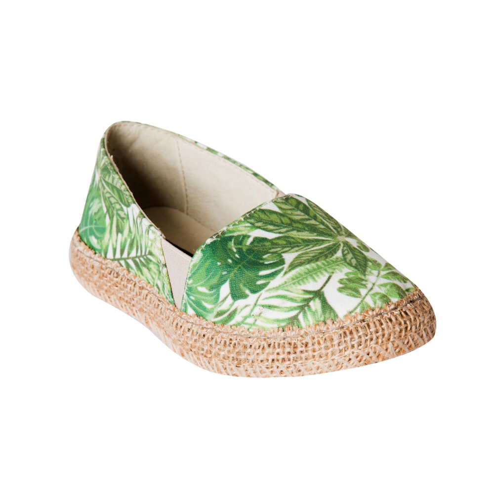 Espadrile pentru copii din textil printat cu talpa acoperita cu iuta Green Leaves