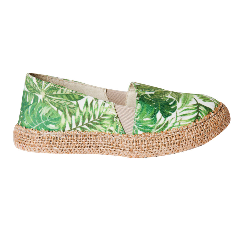 Espadrile pentru copii din textil printat cu talpa acoperita cu iuta Green Leaves